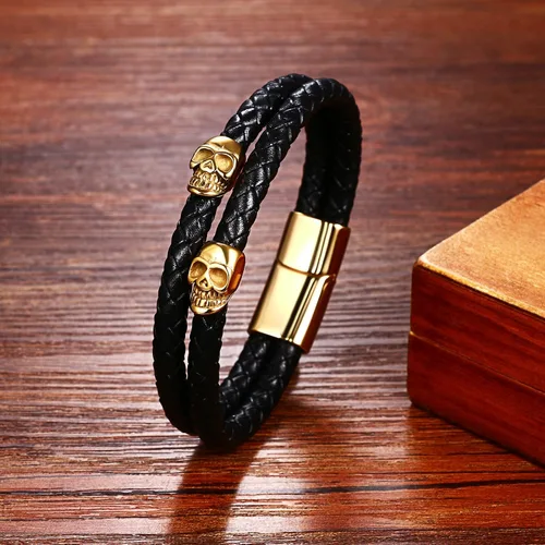 Miniatura 4 de NMQLX Pulsera de cuero, pulsera de calavera punk, pulseras de cuero trenzadas, pulsera gótica vintage para hombres