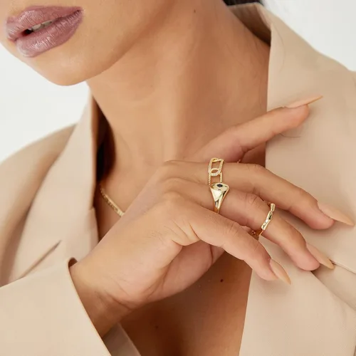 Miniatura 4 de KissYan Juego de anillos de oro para mujer, chapados en oro de 14 quilates, apilables, abiertos, con sello trenzado, ajustable, delicado, joyería