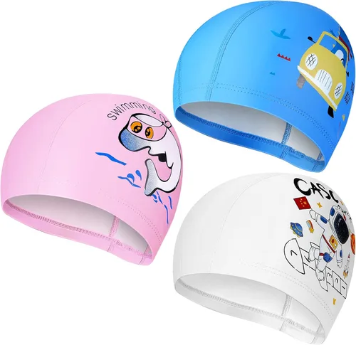 Miniatura 16 de Geyoga 3 piezas de gorras de natación para niños y niñas, gorras de natación para niños de 2 a 12 años, gorro de natación para piscina, gorro de Azul