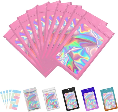 Miniatura 8 de Paquete de 100 bolsas de Mylar con ventana transparente, holográficas, a prueba de olores, para pequeñas empresas, bolsas resellables