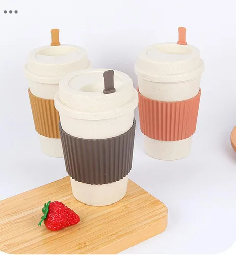 Miniatura 3 de Taza de café sellada con paja de trigo, taza de plástico portátil creativa, taza de alimentos de alto valor que acompaña a beber 16.9 fl oz/17 oz