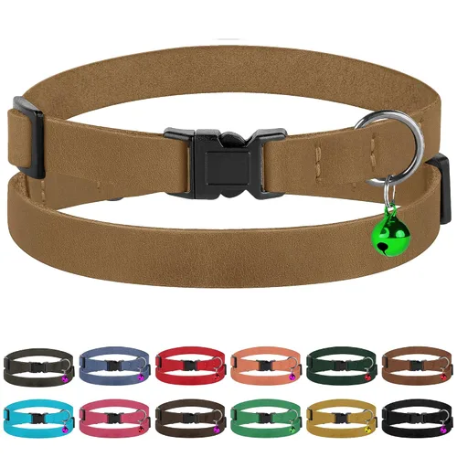 Miniatura 4 de Muromto Breakaway - Collar de piel suave ajustable para gatos con campana, rosa, marrón, azul, verde, rojo (marrón)