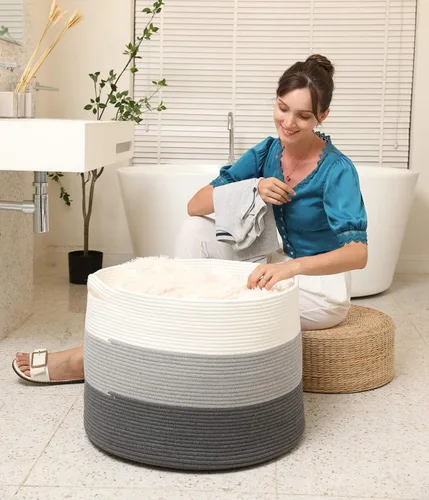 Miniatura 7 de Cesta de cuerda de algodón grande de 24 x 24 x 17 pulgadas, cesta de almacenamiento extragrande, cesta de lavandería tejida, contenedor de Gris/Gris