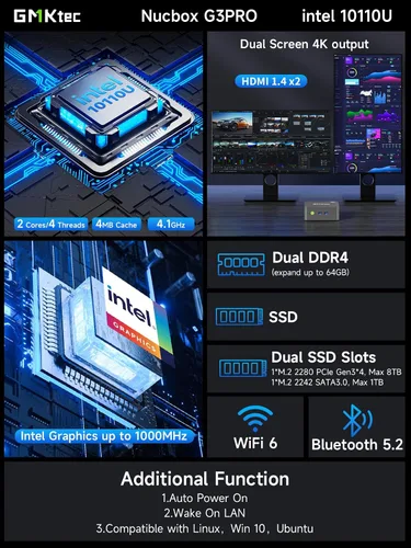 Miniatura 2 de GMKtec Mini PC, G3 PRO Intel Core i3-10110U (Beats 4300U/N150), 16 GB DDR4 RAM (canal dual) unidad de almacenamiento de 512 GB, computadora