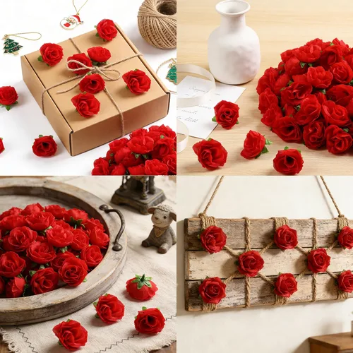 Miniatura 6 de SITUMEIZI 100 rosas artificiales de 1.3 pulgadas con cabeza de rosa roja falsas para decoración de bodas, gorras de graduación, pasteles, pared