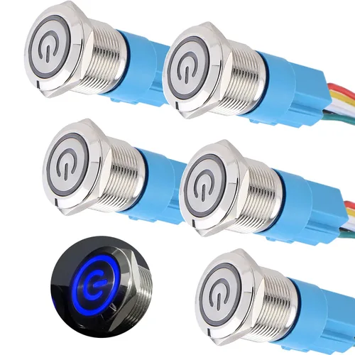 Miniatura 10 de 5 piezas de interruptor de botón de presión de cierre de metal de 16 mm impermeable, carcasa plateada, 12V-24V, 1NO 1NC, encendido/apagado
