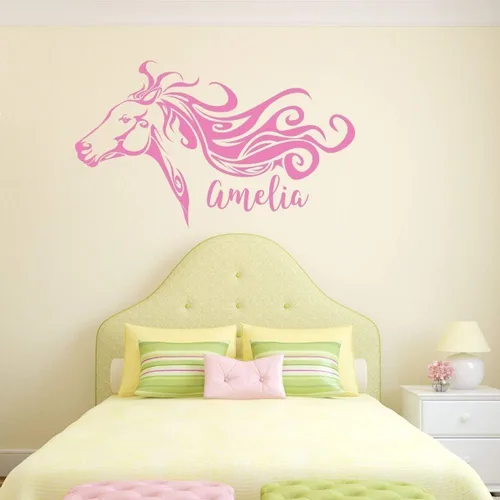Miniatura 4 de Calcomanía de pared de vinilo de cabeza de caballo con nombre personalizado para dormitorio de niñas o niños Adhesivo decorativo artístico