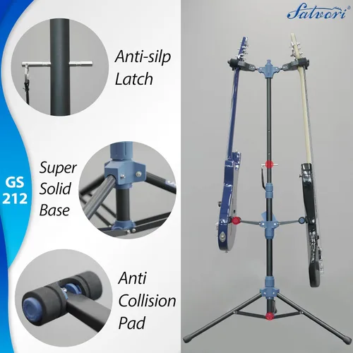 Miniatura 3 de Salvori Soporte plegable doble para guitarra con sistema de bloqueo automático y trípode sólido, soporte/soporte/estante doble/múltiple para bajo