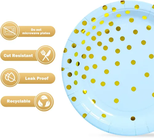 Miniatura 4 de Platos de papel de oro azul, 100 unidades, platos de postre de puntos rosados y dorados, suministros de fiesta redondos desechables ideales