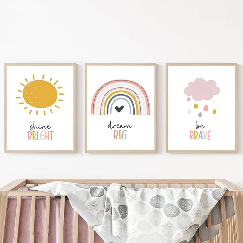 Miniatura 10 de LUHDFYS Arte de pared bohemio para cuarto de bebé, impresión de lienzo grande de ensueño, póster inspirador de nube de sol arcoíris, lienzo envuelto