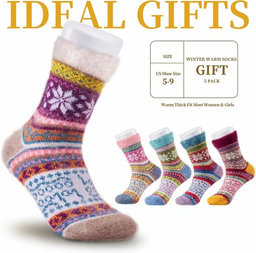 Miniatura 6 de SISOSOCK Paquete de 5 calcetines gruesos y suaves para mujer, de lana de invierno, esponjosos, acogedores, casuales, para el hogar, con caja
