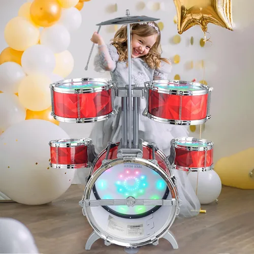 Miniatura 6 de Juego de batería para niños de 1-3, 3-5 años, con taburete, soporte más alto de juguetes musicales para niños pequeños, batería roja para niñas