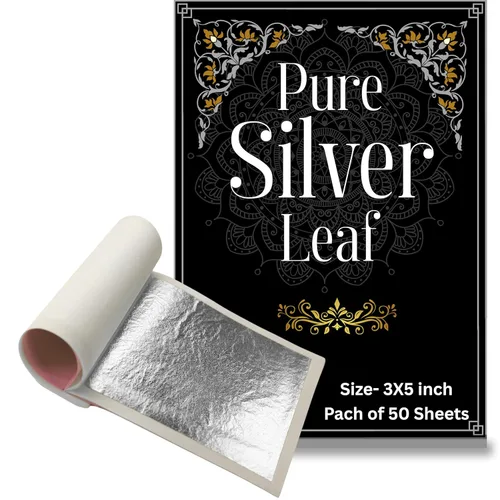 Gold leaf company Hoja de hoja de plata, 99.9% hoja de plata pura Varakh Láminas 50 piezas 5 x 3 pulgadas para dulces Deco, hornear pasteles,
