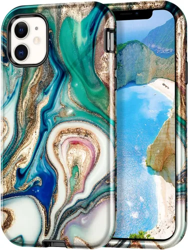 Miniatura 10 de CASEFIV Funda compatible con iPhone 11, patrón de mármol 3 en 1, resistente a prueba de golpes y caídas, cuerpo completo, policarbonato duro
