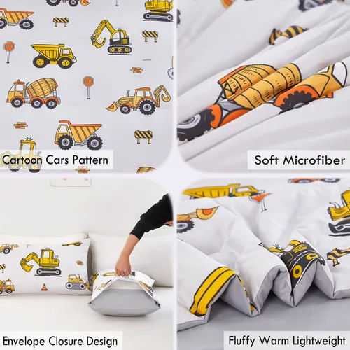 Miniatura 6 de ZRNBAST Juego de ropa de cama individual para niños y niños, beige, con diseño de coches de dibujos animados, excavadora, tractor, juego de edredón