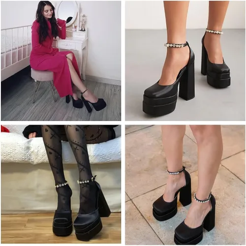 Miniatura 5 de onlymaker Women's Chunky Heel Platform Sandals Crystal Clasp Square Toe Rhinestone Ankle Strap Satin Pumps