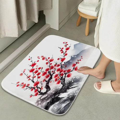 Miniatura 4 de Alfombra de baño floral con ramas de flor de ciruelo, terciopelo coral, tapete de ducha antideslizante para baño, árbol de flores