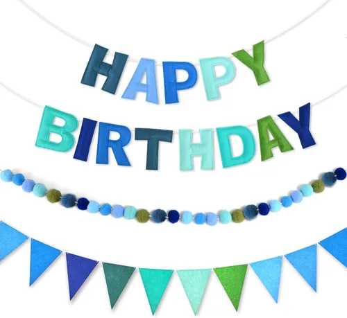 Miniatura 16 de CANREVEL Pancarta de Feliz Cumpleaños 3D Pre-enhebrada, 3 PIEZAS Guirnalda de Fieltro Negro Feliz Cumpleaños, Guirnalda de Pompones, Banderines