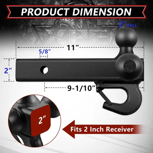 Miniatura 5 de Enganche de remolque tri bola con gancho, se adapta a receptor de enganche de 2", 1-7/8", bolas de 2" y 2-5/16" con acabado negro mate, seguro