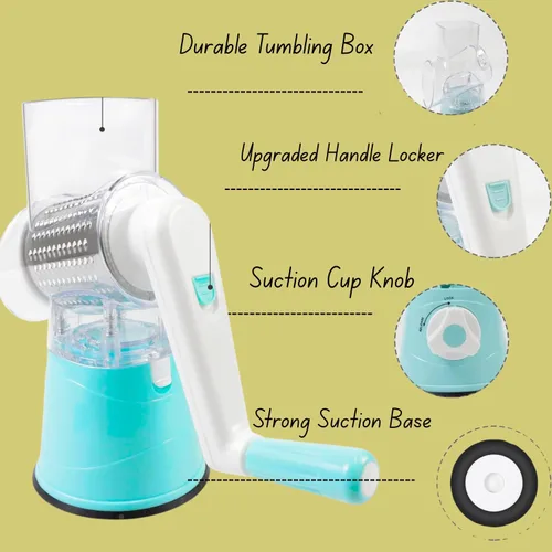 Miniatura 3 de Rallador rotativo de queso, rallador de cocina con 3 cuchillas de tambor, cortador manual de verduras y trituradora para verduras y nueces - Base