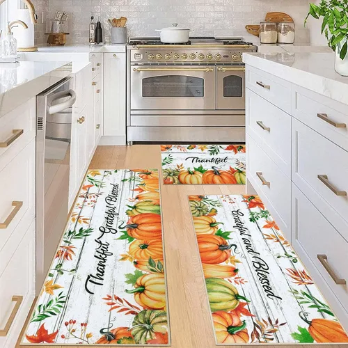 Miniatura 6 de Pauwer Juego de 3 alfombras de cocina de Navidad, tapetes de cocina con flores de Navidad, alfombras y tapetes de cocina antideslizantes y lavables