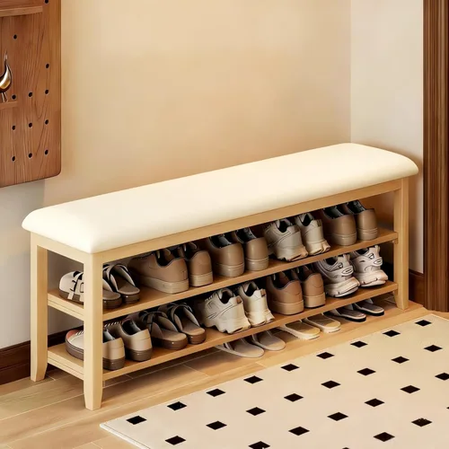 Miniatura 12 de Banco de zapatos con cojín de cuero, banco de entrada de madera maciza rústica con 2 estantes ajustables en altura y extraíbles para pasillo, sala