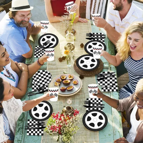 Miniatura 3 de 144 piezas de suministros de fiesta de cumpleaños de coches de carreras para niños, juegos de vajilla de coches de carreras en blanco y negro a