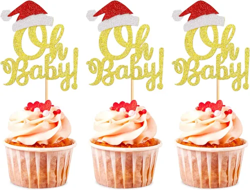 Miniatura 12 de Ercadio Paquete de 25 adornos para cupcakes de Papá Noel y elfo - Sombreros de Papá Noel con purpurina, sombreros de elfo, palillos para cupcakes