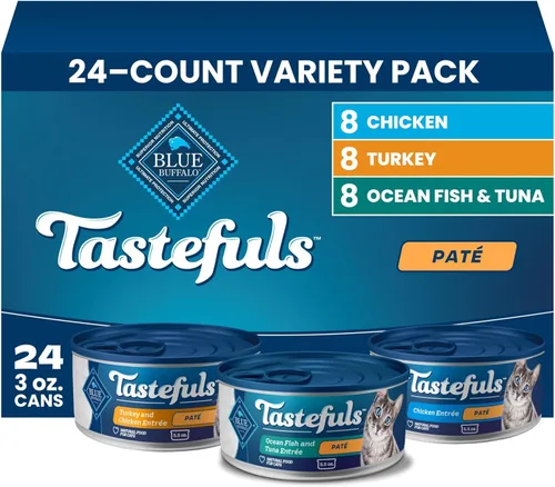 Blue Buffalo Tastefuls - Paquete variado de comida húmeda natural para gatos, pollo, pavo y pollo, pescado y atún de océano, latas de 5.5 onzas (24