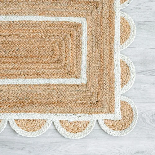 Miniatura 4 de Alfombra festoneada de yute natural, base natural, borde blanco hueso, 2 x 3