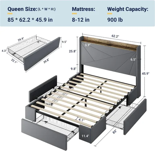 Miniatura 2 de Allewie Base de cama de terciopelo tamaño Queen con 3 cajones de almacenamiento, cama de plataforma tapizada con cabecera de almacenamiento