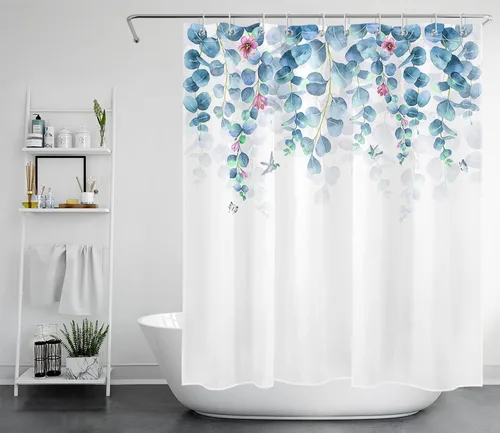 Miniatura 2 de LB Cortina de ducha de hojas verdes azules para baño, hojas botánicas de primavera con flores moradas sobre fondo blanco, acuarela, tela