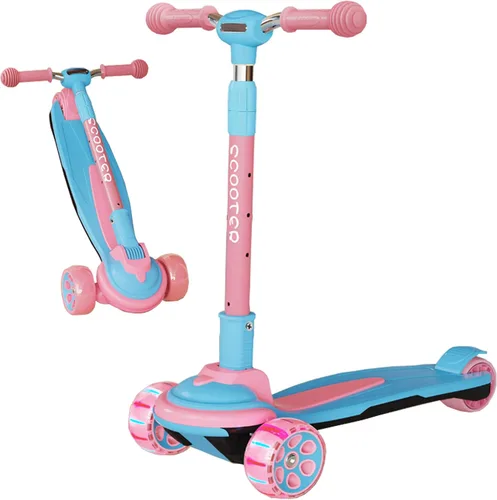 Patinete plegable para niños de 3 a 12 años, 5 alturas ajustables con 3 ruedas de luz LED, actividades al aire libre para niños y niñas, carga Rosa