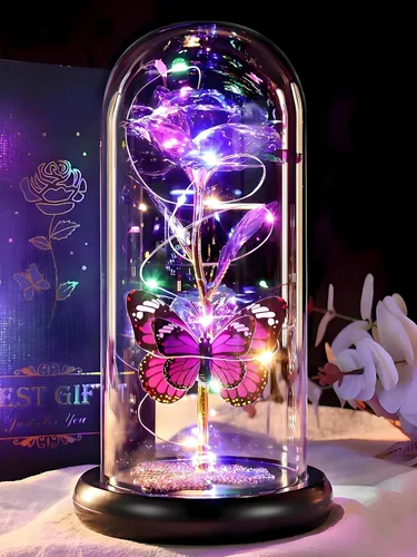 Regalo de cumpleaños para el día de la madre para mamá de hija, hijo, rosa morada, flor eterna iluminada en cúpula de cristal con mariposa, regalos