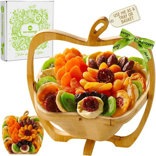 NUT CRAVINGS - Cesta de regalo con arreglo floral de frutas secas navideñas en cesta de regalo de madera en forma de manzana + bandeja (9 surtido)
