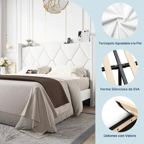 Miniatura 6 de Allewie Base de cama tapizada Velvet Queen con cabecera de almacenamiento con respaldo alado y estación de carga, cama de plataforma con diseño