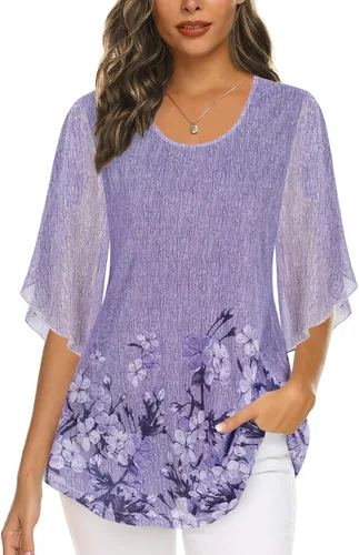 Miniatura 2 de Ninedaily Blusas de manga 34 para mujer, estilo casual, de doble capa, de malla, tipo túnica