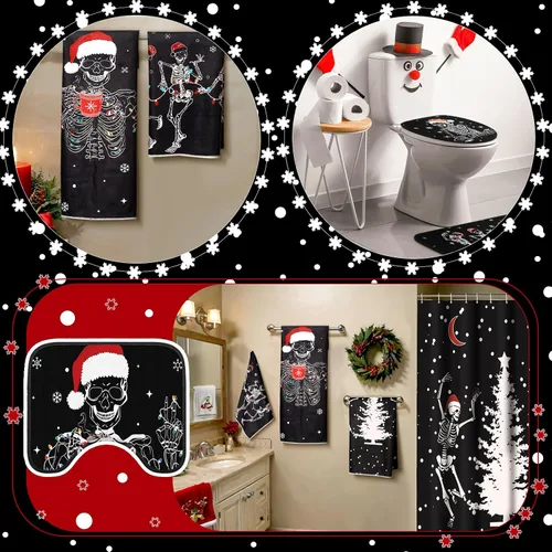 Miniatura 5 de Newwiee 7 piezas de juego de baño de Navidad, cortina de ducha de Navidad, cortina de ducha decorativa antideslizante, alfombras y toallas