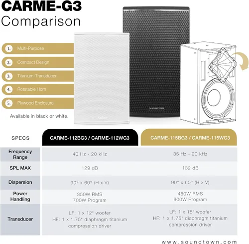 Miniatura 5 de Sound Town CARME Series - Altavoz profesional PA DJ de 2 vías de 12 pulgadas, 700 W, negro con controlador de titanio, madera contrachapada