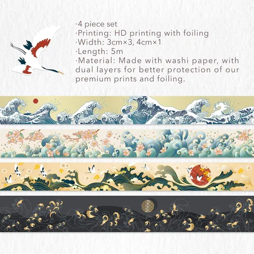 Miniatura 9 de WT Waves of Rebun - Juego de cinta washi, 4 rollos, lámina dorada, cinta de enmascarar decorativa, suministros para planificador Bujo, cinta
