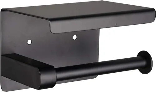 Soporte para papel higiénico negro mate, soporte para rollo de papel higiénico con estante, adhesivo 3M, sin taladro o montado en la pared con