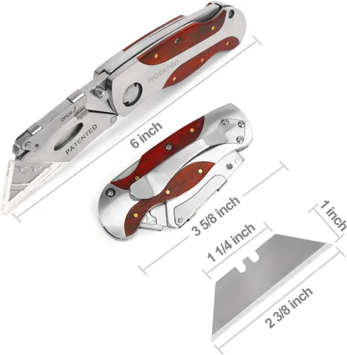 Miniatura 2 de WORKPRO - Cuchillo de uso de cambio rápido, mango de madera estilo retro, cuchillo plegable con clip