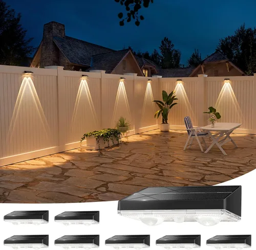 NIORSUN - Luces solares para valla, paquete de 8 luces solares para terraza, color blanco cálido, bombilla impermeable para exteriores LED IP65,