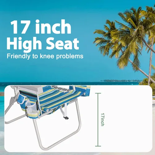 Miniatura 4 de Romswi Silla de playa alta extra ancha para adultos, mochila de asiento alto de 17 pulgadas con bolsa refrigeradora, soporte para taza y teléfono