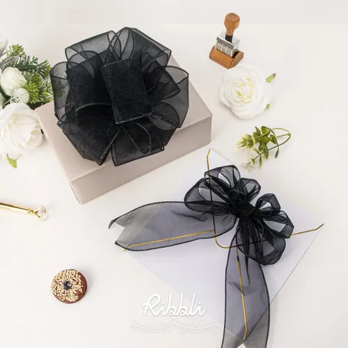 Miniatura 3 de Ribbli Cinta negra de organza con alambre, color negro transparente con borde metálico, 2-1/2 pulgadas x 20 yardas, cinta para árbol de Navidad