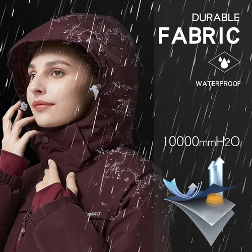 Miniatura 23 de CAMEL CROWN - Chamarra de esquí para mujer, impermeable, con capucha desmontable, rompevientos, forro polar, parka para lluvia