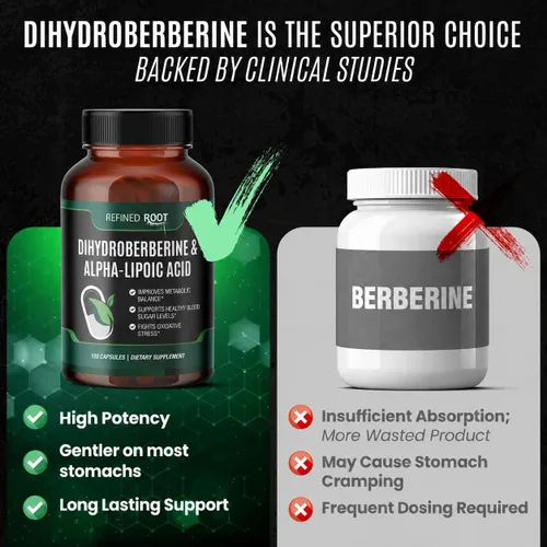 Miniatura 2 de Suplemento de dihidroberberina de raíz refinada de 300 mg con ácido alfa lipoico de 600 mg - Suplemento de berberina extra fuerte con ácido alfa