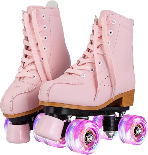 Miniatura 2 de YYW Patines para niñas y mujeres, fantásticos patines de piel sintética rosa y morado con luz para niños y jóvenes, para interiores y exteriores