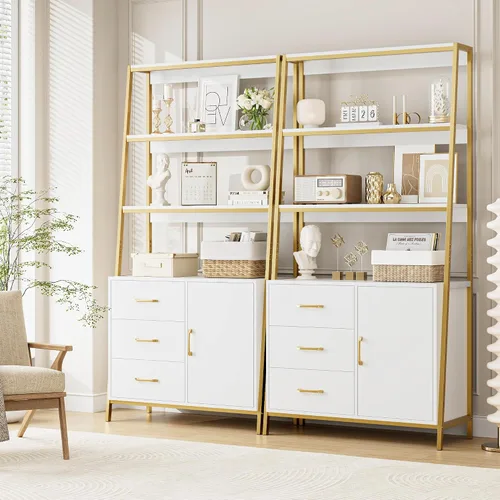Miniatura 4 de HITHOS Estantería Alta de 69", Estantería Blanco Dorado de 4 Niveles con Cajones de Madera y Estantes de Escalera, Gabinete de Almacenamiento