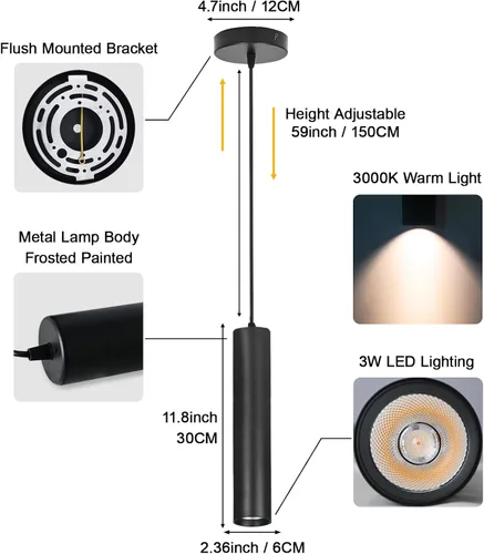 Miniatura 4 de Paquete de 2 luces colgantes modernas negras, lámpara colgante minimalista LED para isla de cocina, cable de luz colgante de tubo largo ajustable